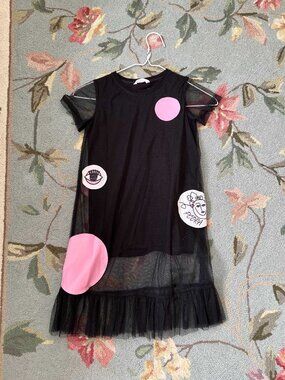 PCORA Girls Black Mesh Overlay Dress with Pink Patches Size 8